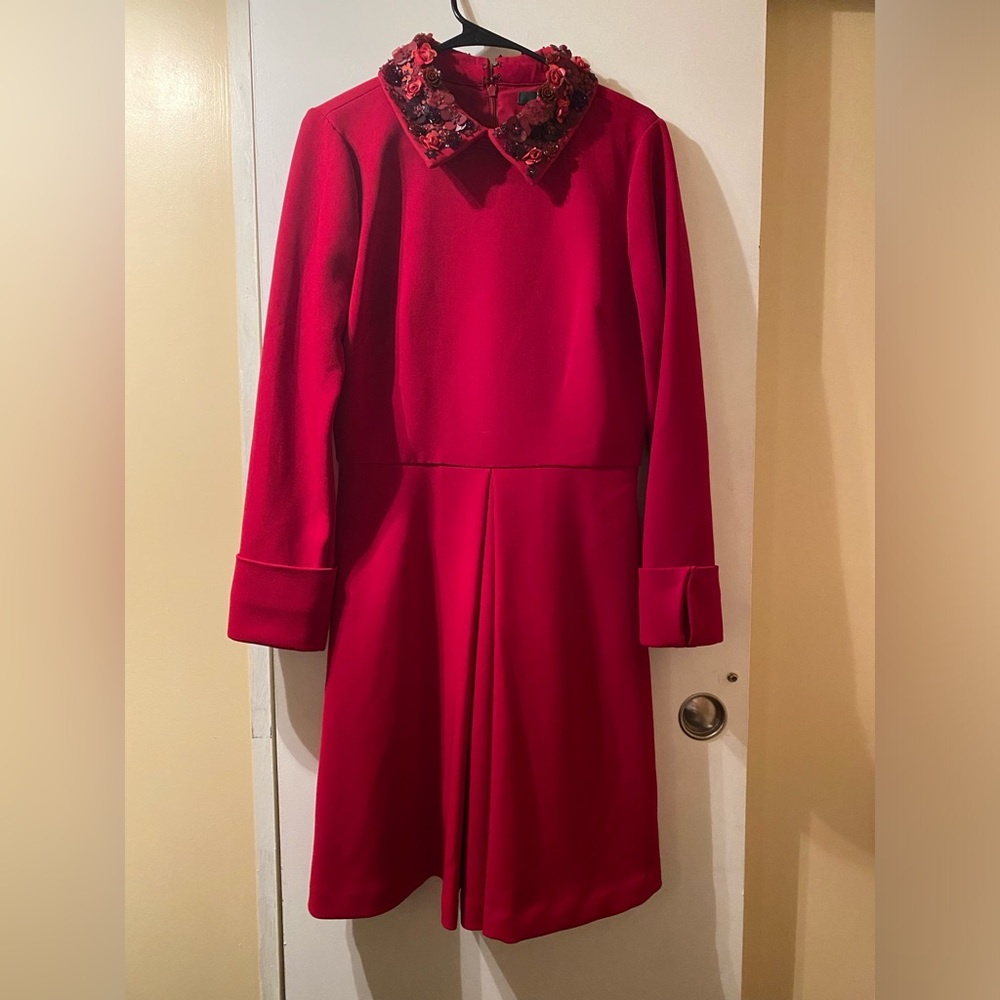 Badgley Mischka Red Collared Long Sleeve Dress